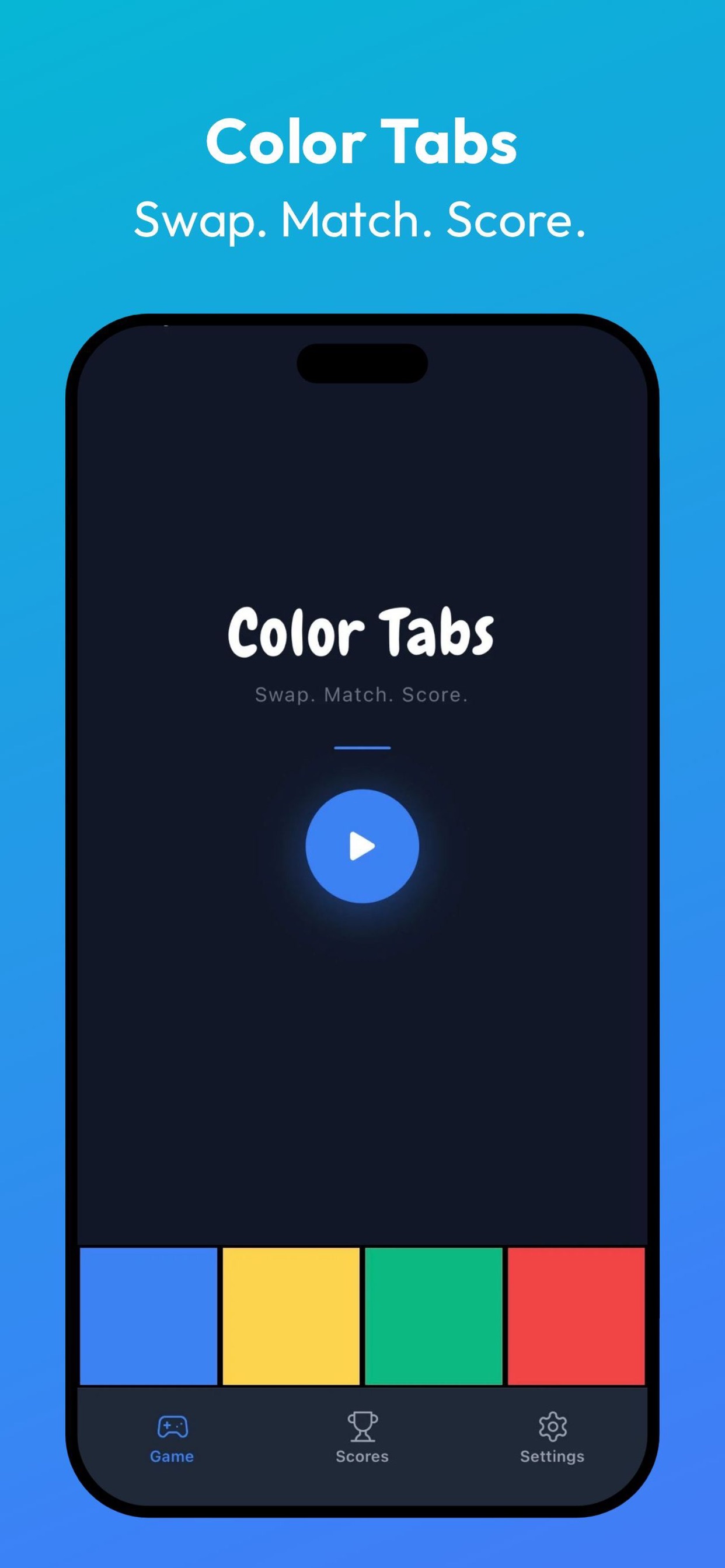 The Color Tabs title screen, with a play button above the row of four coloured boxes.