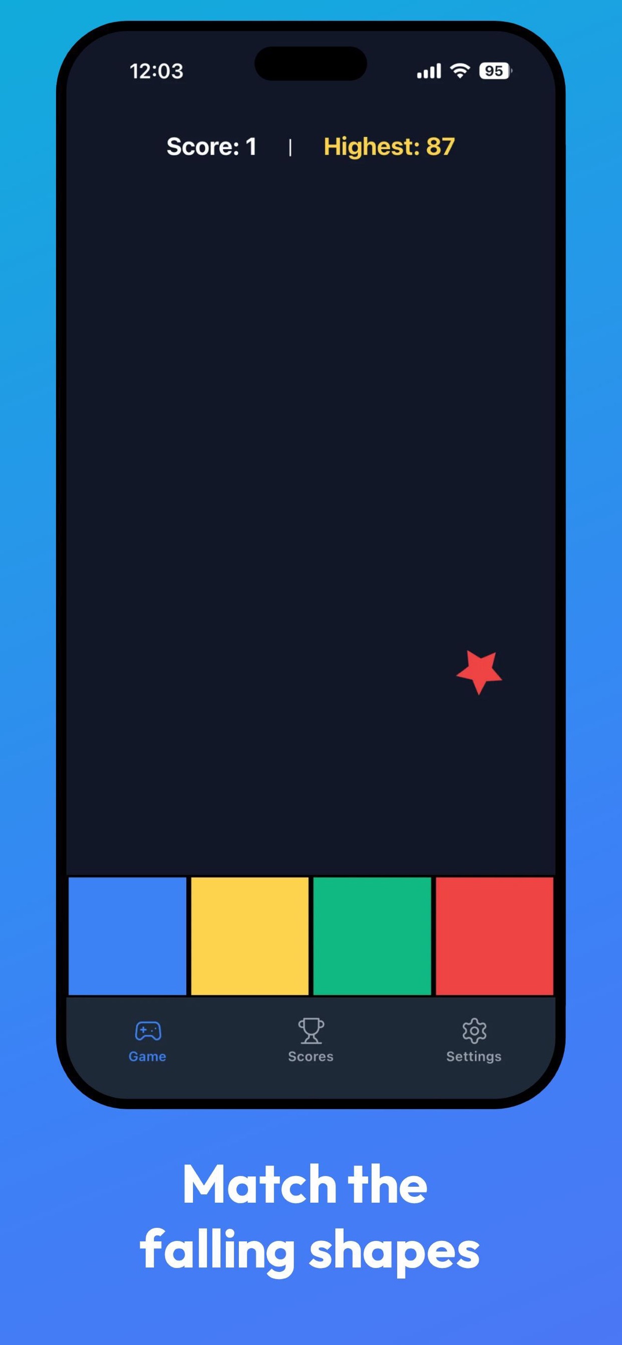 A red star falling towards the blue, yellow, green and red boxes, score 1 at the top.