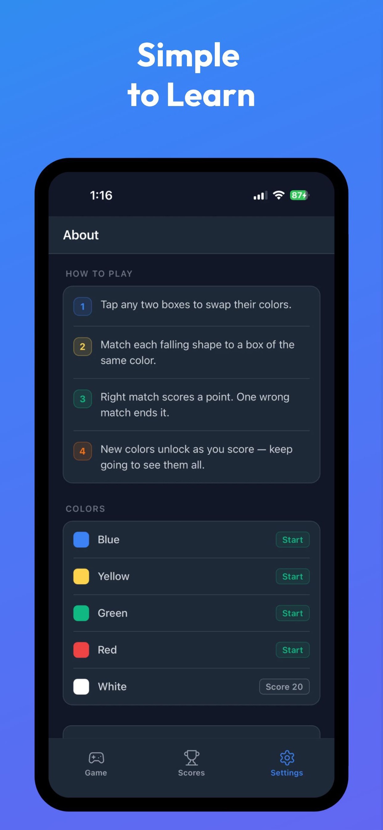 The About screen, with the four rules of play and the list of colours unlocked so far.