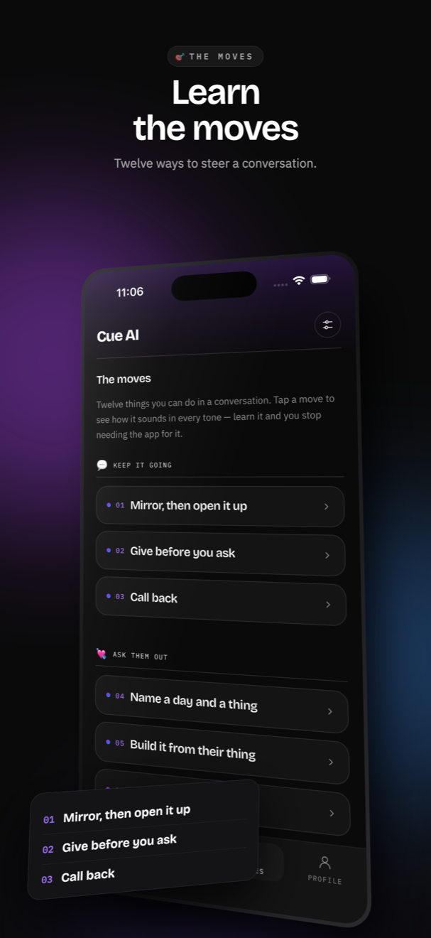 The Moves tab: numbered conversational moves grouped under Keep it going and Ask them out.